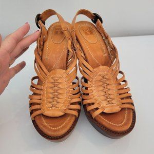 Frye Tan Leather Heeled Sandals